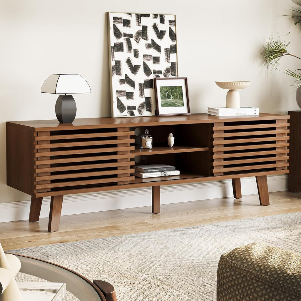 MAISONARIA Living Room Table Sets of 2, Mid Century Coffee Table & Dresser TV Stand, Sliding Door Coffee Table with Storage, Modern TV Stand for Bedroom, Living Room, Walnut