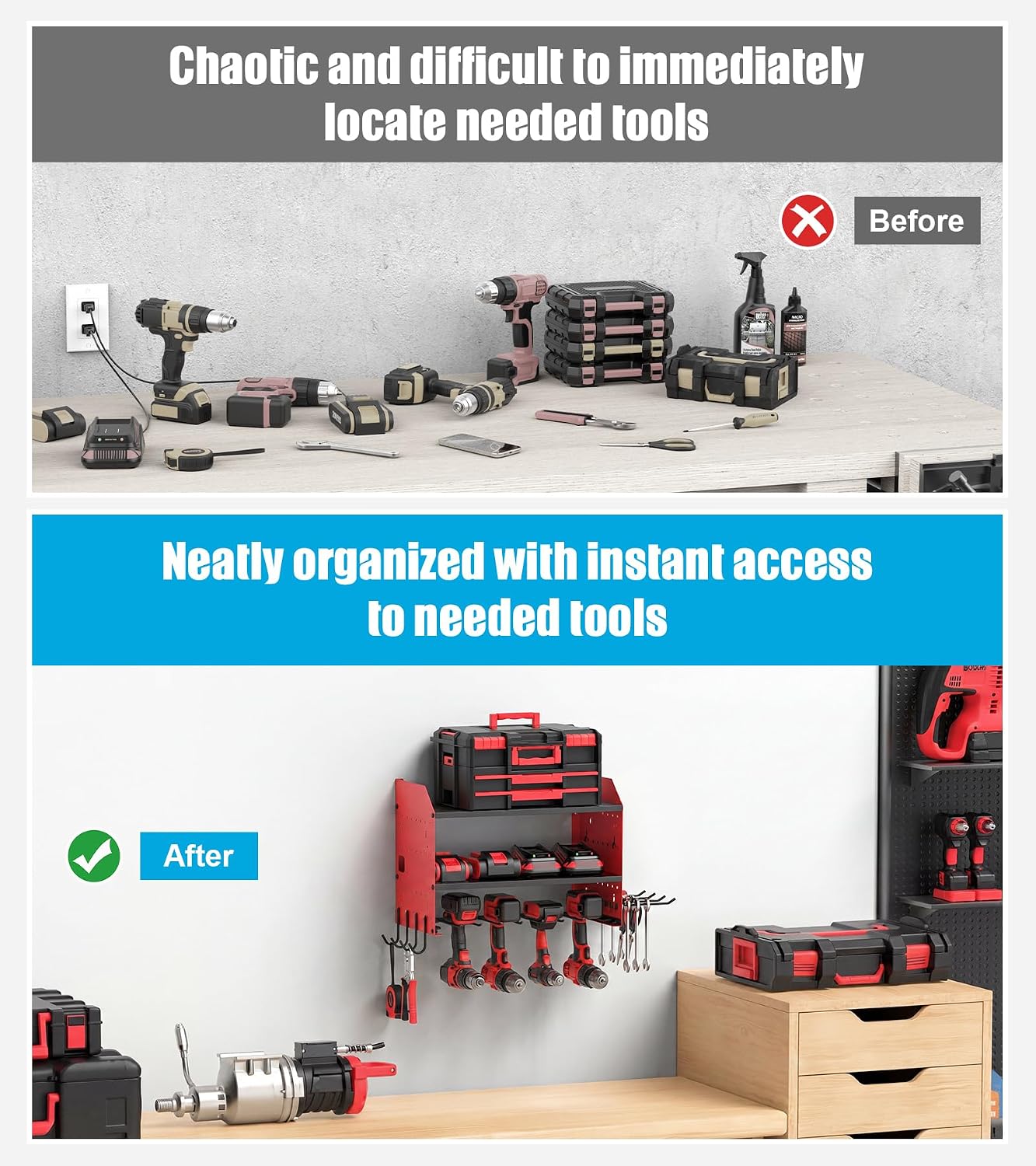 CCCEI Pack of 2 Modular Power Tools Organizer, Drills and Battery Storage Wall Mount, Garage Shop Organization, Anniversary, Birthday, Gifts for Men, Father, Red.