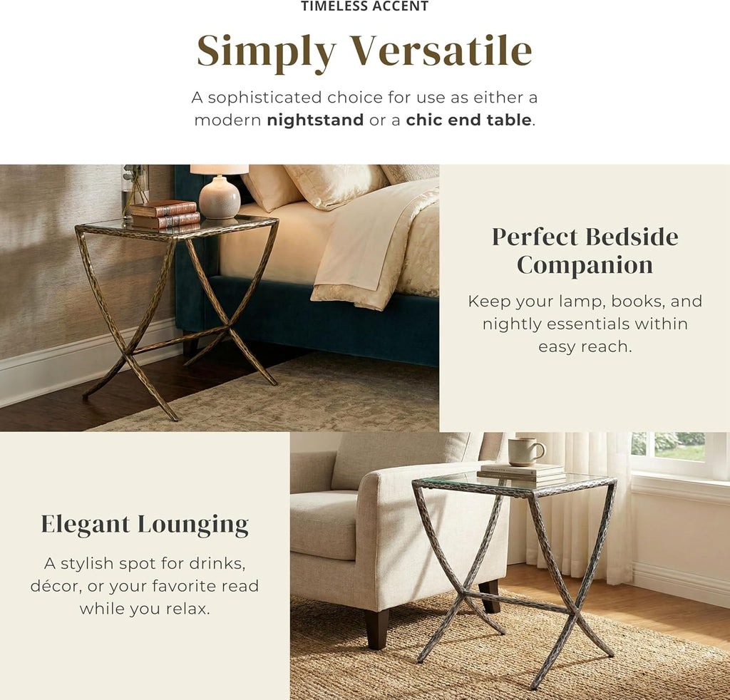 24/7 Shop at Home Lalia Modern 22-inch Metal Side Table with Tempered Glass Tabletop, Hammered Forged Steel Frame for Bedroom, Living Room, Home Office, Matte Gold