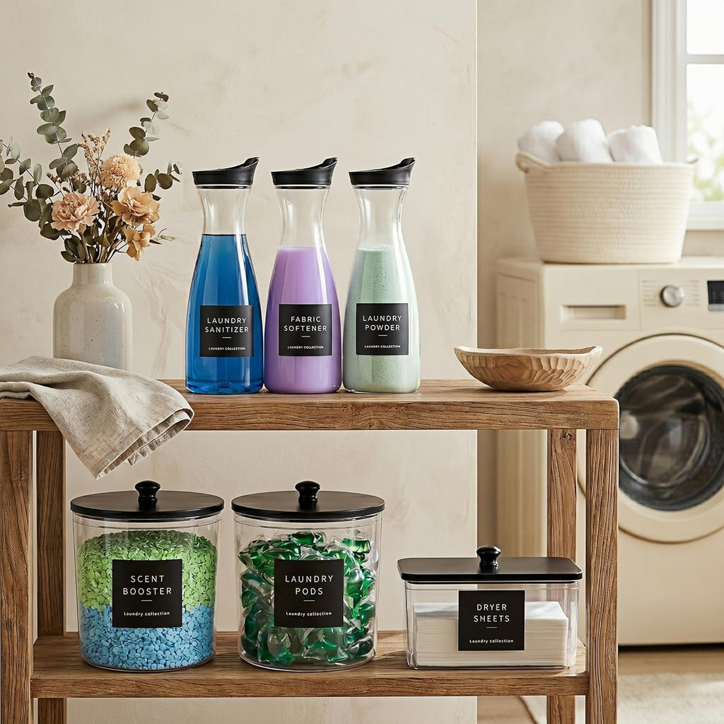 6 Pack Laundry Pods Containers & Dryer Sheet Holder & Laundry Detergent Dispenser, Laundry Room Organization and Storage Jars with Lids, Labels and Scoops for Scent Booster, Powder, Pods