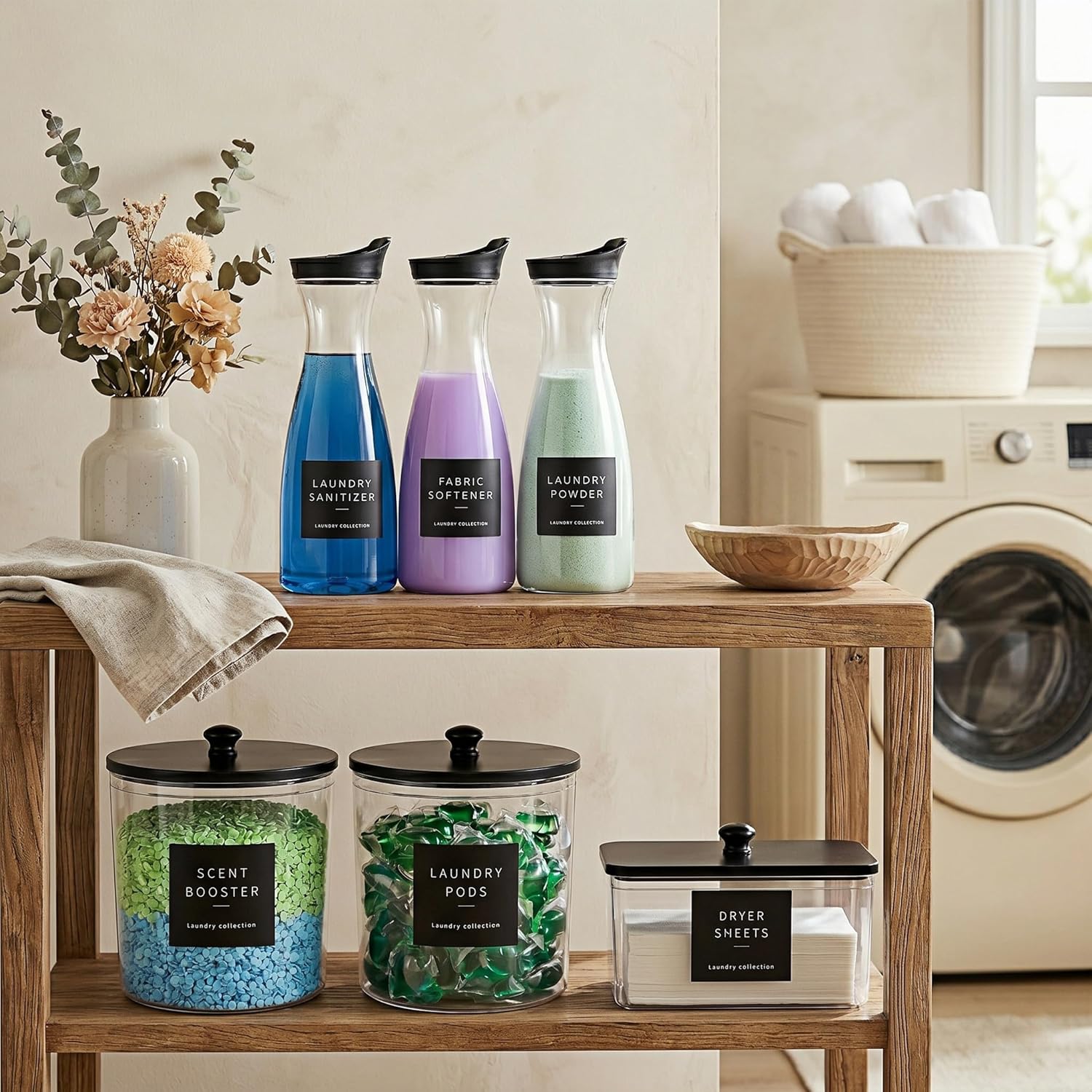 6 Pack Laundry Pods Containers & Dryer Sheet Holder & Laundry Detergent Dispenser, Laundry Room Organization and Storage Jars with Lids, Labels and Scoops for Scent Booster, Powder, Pods