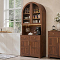 Polibi 74.8" Tall Arched Kitchen Pantry Cabinet with Power Outlet & LED Lights,Farmhouse Coffee Bar Hutch Storage Cabinet with 2 Drawers,Adjustable Shelves & Wine Glass Rack,Food Cupboard,Walnut Brown