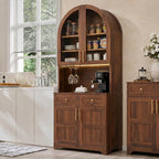 Polibi 74.8" Tall Arched Kitchen Pantry Cabinet with Power Outlet & LED Lights,Farmhouse Coffee Bar Hutch Storage Cabinet with 2 Drawers,Adjustable Shelves & Wine Glass Rack,Food Cupboard,Walnut Brown