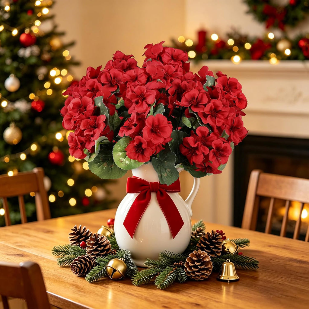 Artificial Flowers for Outdoors, 6 Bundles Realistic Faux Silk Red Geraniums Flowers UV Resistant No Fade Fake Plants for Outside Planter Christmas Front Porch Garden Patio Balcony Yard Decor