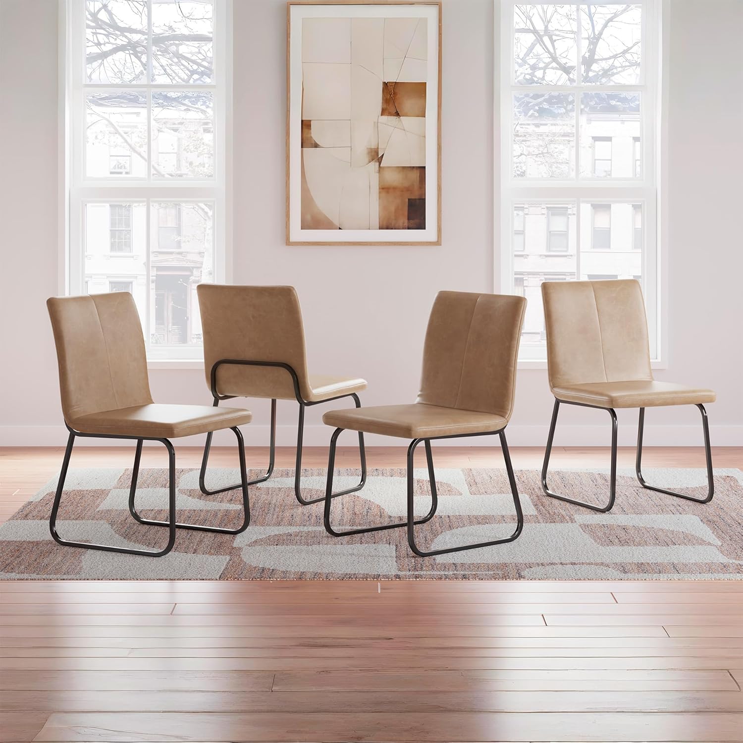 Signature Design by Ashley Pharwynn Casual Indoor Faux Leather Upholstered Armless Dining Chair with Sled Base, Set of 4, Light Brown & Black
