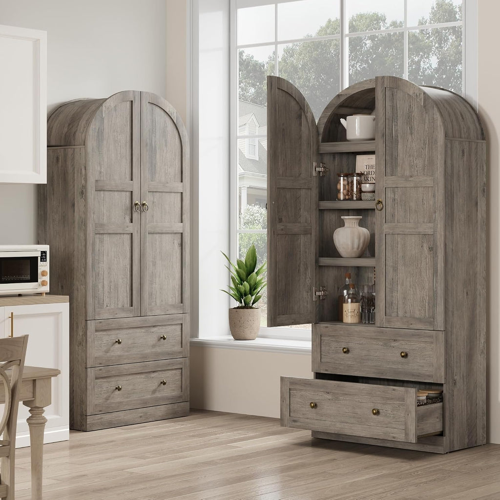 72" Tall Arched Kitchen Pantry Cabinet – Farmhouse Wooden Storage Cabinet with 2 Drawers & Wood Doors – Freestanding Buffet Sideboard for Dining/Living Room – Rustic Gray, Wooden Door, Grey
