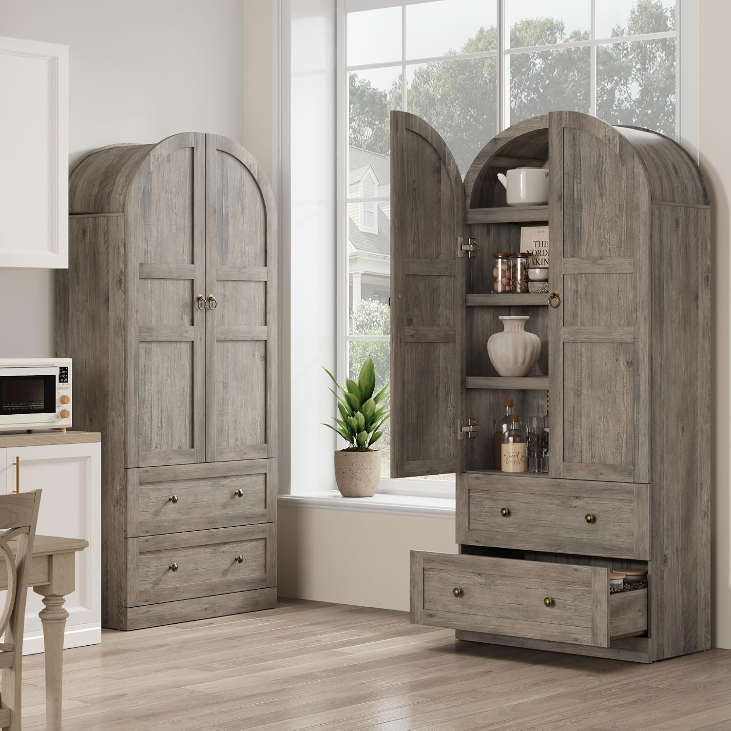72" Tall Arched Kitchen Pantry Cabinet – Farmhouse Wooden Storage Cabinet with 2 Drawers & Wood Doors – Freestanding Buffet Sideboard for Dining/Living Room – Rustic Gray, Wooden Door, Grey