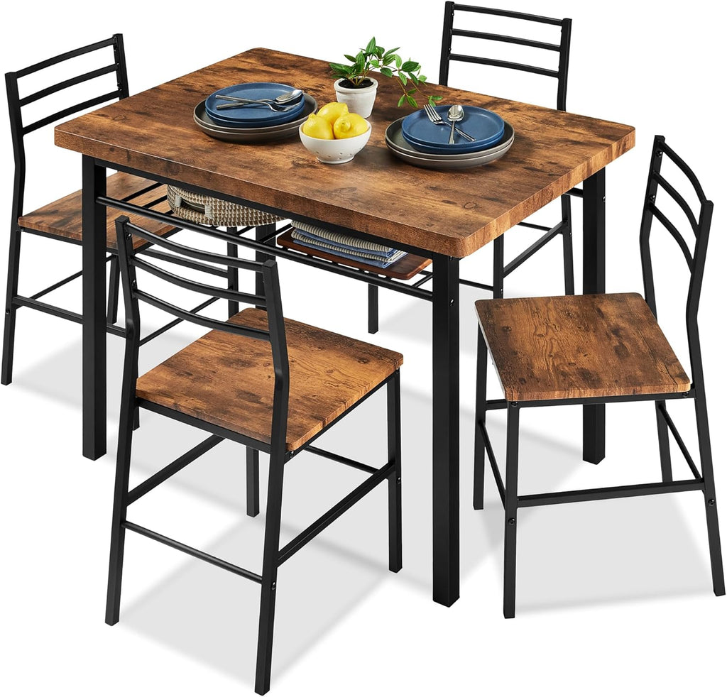 Best Choice Products 5-Piece Modern Dining Set W/Steel Frame, Space Saving Rectangular Kitchen Table W/ 4 Matching Chairs & Storage Rack for Apartments, Kitchens & Dining Rooms - Medium Brown/Black