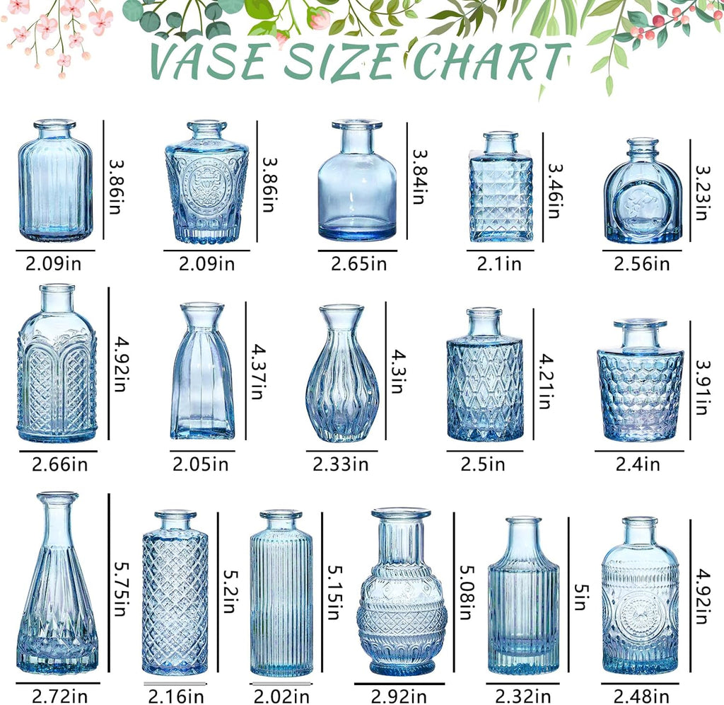 SUPMIND 16pcs Glass Bud Vase Set, Small Blue Flower Vases for Centerpieces in Bulk, Mini Vintage Vase for Wedding, Home Decor, Table Decoration