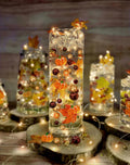 Vase Pearlfection 50 Floating Realistic Shades of Fall Leaves- Pumpkins- Mums- Pearls- Large Sizes- Fills 1 Gallon of The Transparent Floating Gels with Pre-Measured Floating Gels Prep Bag