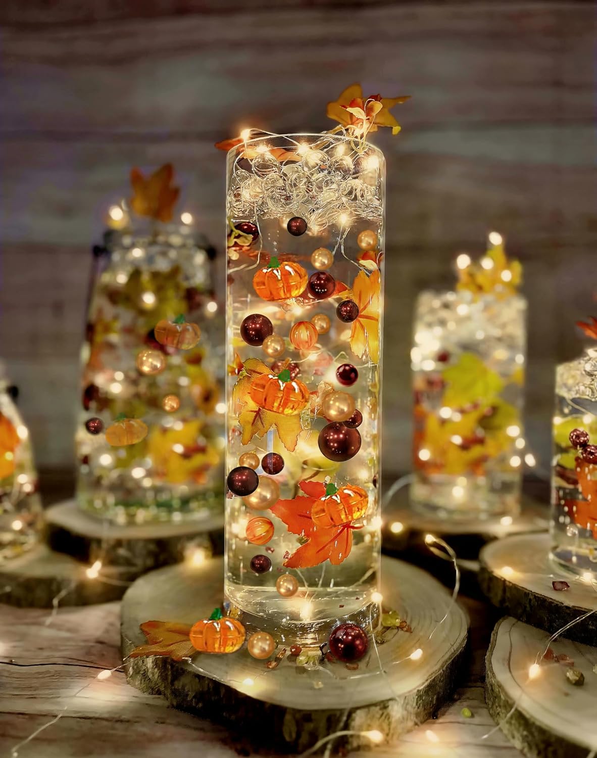 Vase Pearlfection 50 Floating Realistic Shades of Fall Leaves- Pumpkins- Mums- Pearls- Large Sizes- Fills 1 Gallon of The Transparent Floating Gels with Pre-Measured Floating Gels Prep Bag