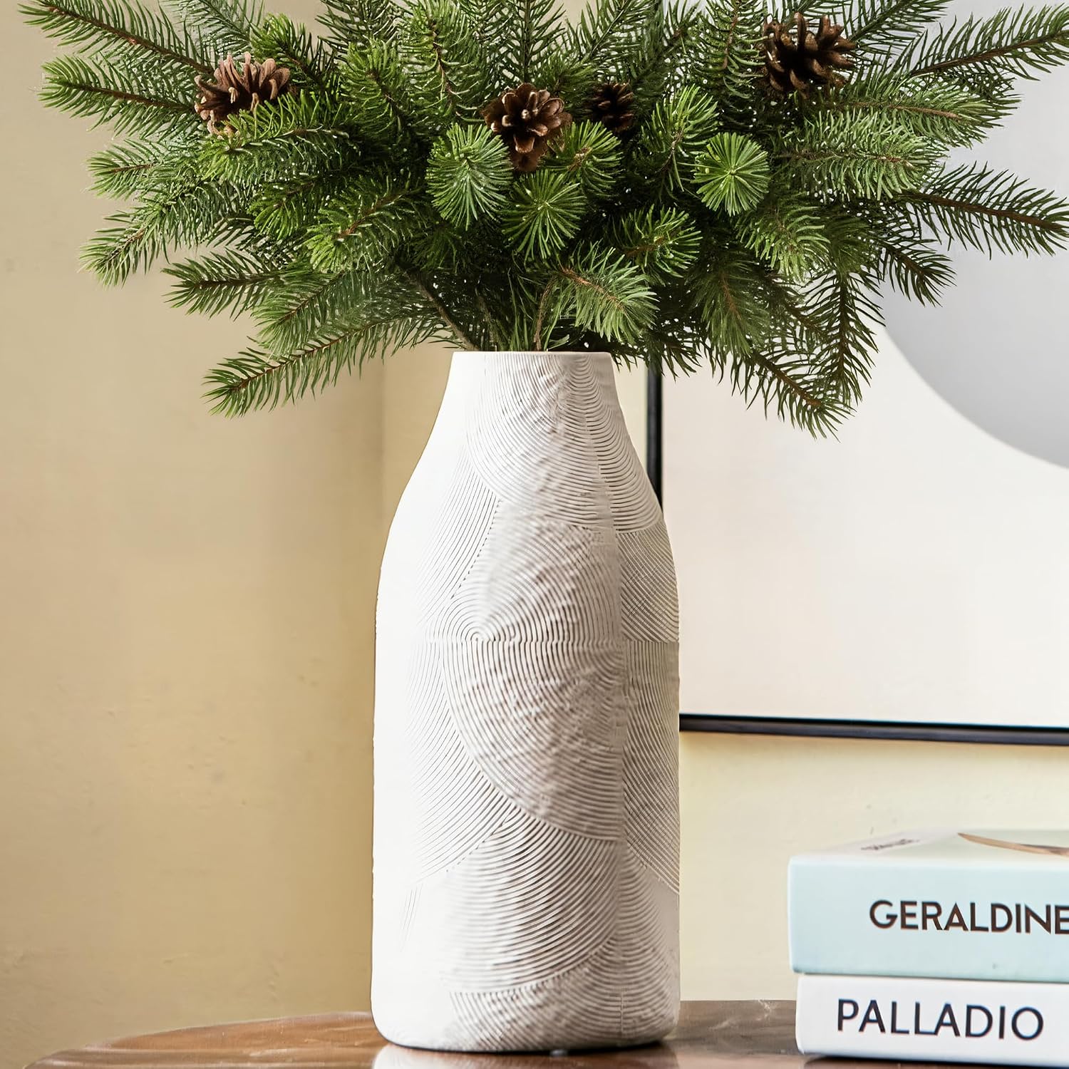 Decorative Ceramic Vase, 11.3 Inch White Modern Farmhouse Vases for Home Decor, Boho Textured Vases for Living Room, Table, Mantel, Shelf and Centerpieces Decor