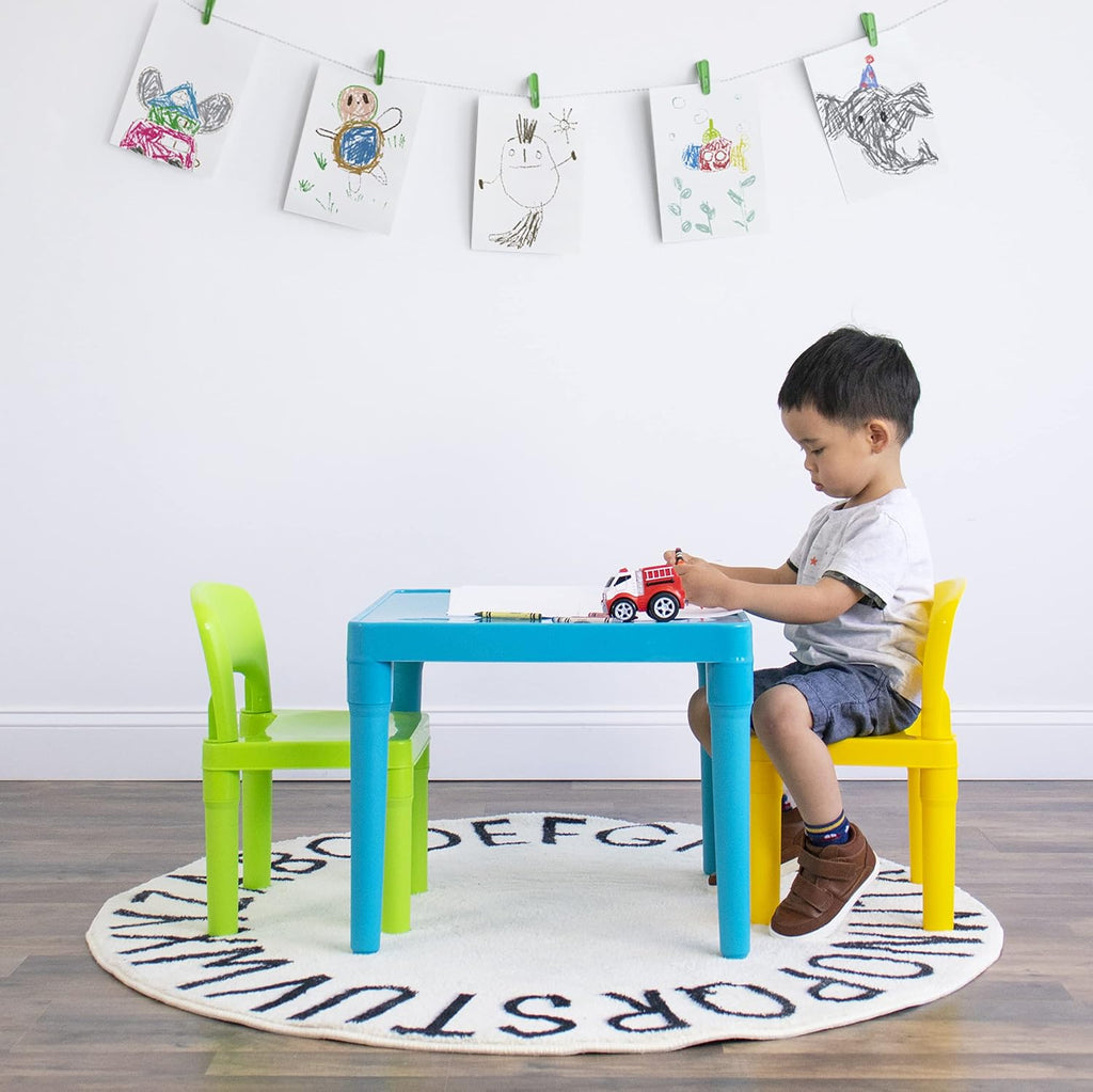 Humble Crew Kids Plastic Table and Chair Set, Toddler Activity Table with 2 Chairs, Lightweight Easy-Clean Kids Desk for Play, Snacks & Crafts, Indoor Outdoor Playroom Furniture, Aqua/Green/Yellow