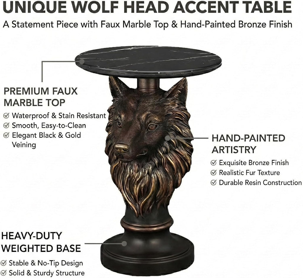 Animal Statue Accent End Table Faux Marble Top Resin Sculptural Pedestal Side Table for Living Room Bedroom Entryway Reading Nook Home Decor Display Stand Small Round Nightstand (Wolf Head)