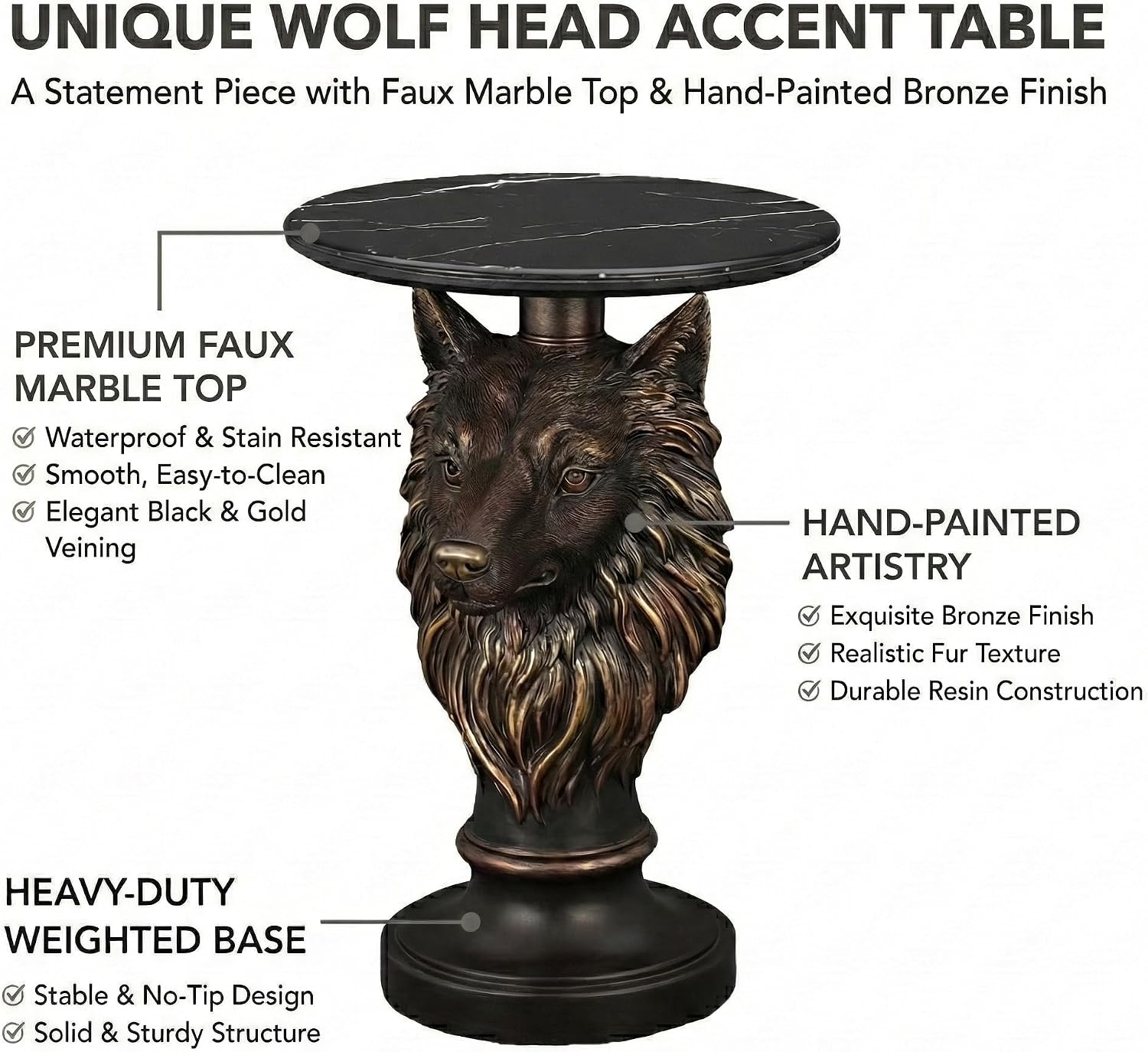 Animal Statue Accent End Table Faux Marble Top Resin Sculptural Pedestal Side Table for Living Room Bedroom Entryway Reading Nook Home Decor Display Stand Small Round Nightstand (Wolf Head)
