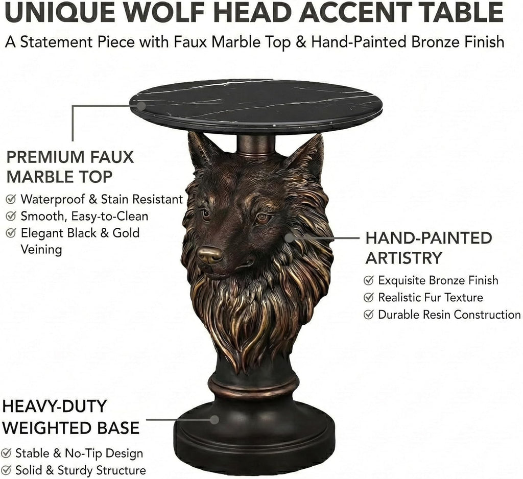 Virubi Wolf Head Accent Table Animal Statue End Table, Faux Marble Top Resin Pedestal Table, Luxury Statement Furniture for Living Room Hallway