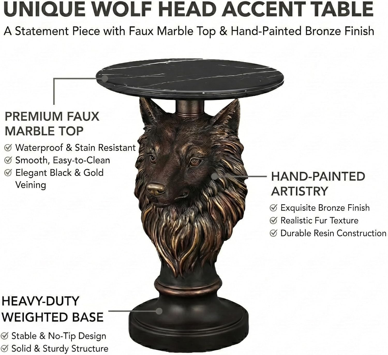 Virubi Wolf Head Accent Table Animal Statue End Table, Faux Marble Top Resin Pedestal Table, Luxury Statement Furniture for Living Room Hallway