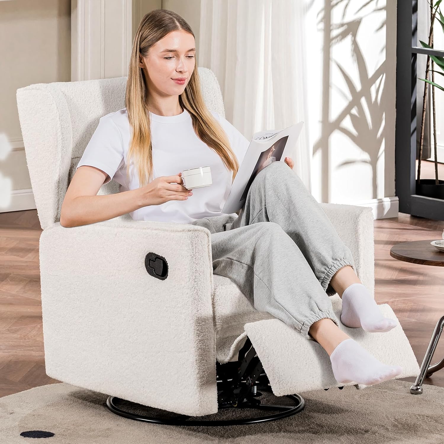 COMHOMA Nursery Rocking Chair Teddy Upholstered Swivel Rocker Recliner Manual Glider Reclining Chair for Living Room Bedroom Offices (Beige,1 PCS)