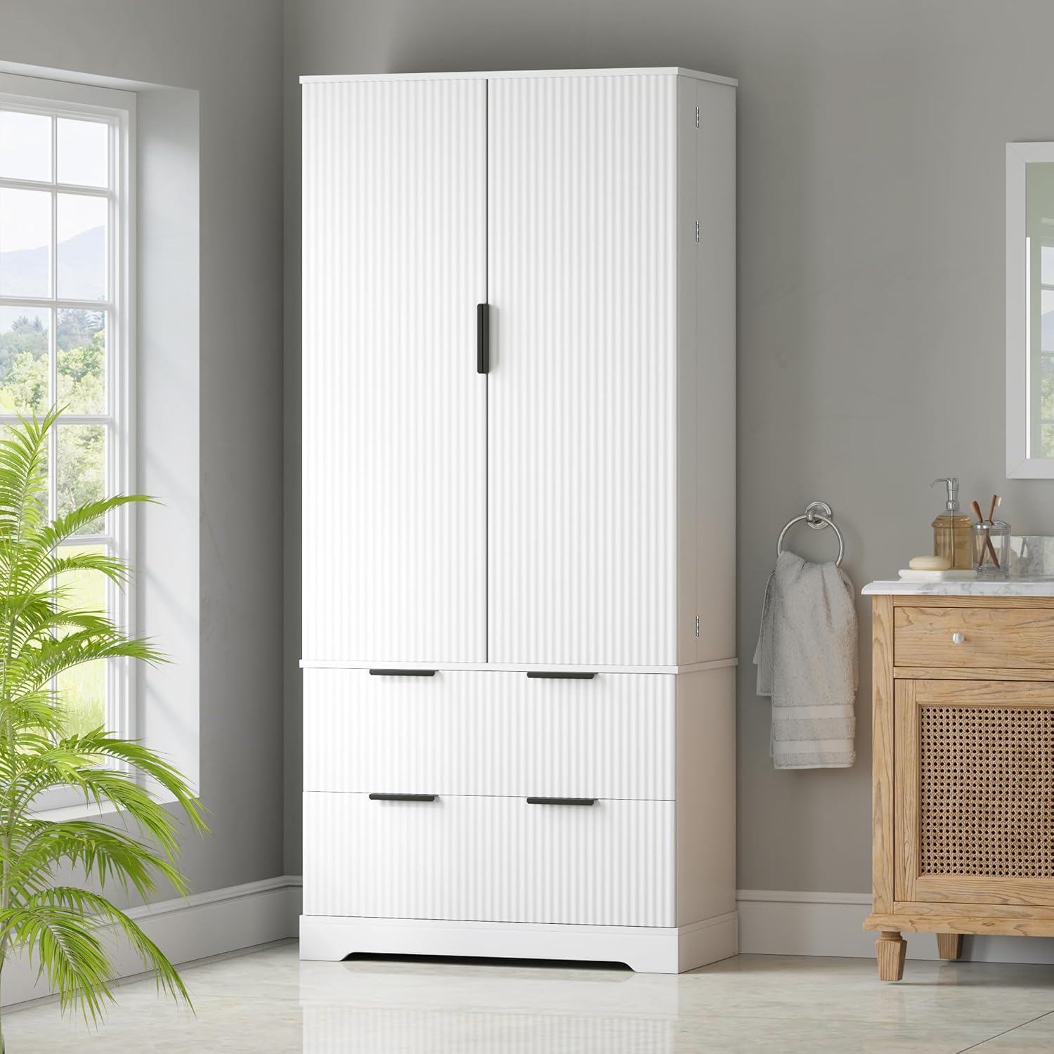 Fluted Kitchen Pantry Cabinet with Drawers,White Food Pantry Cabinet,Freestanding Kitchen Cupboard with 8-Door Spice Rack