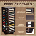 Ripeng Cassette Tape Holder, 28 Capacity 360° Rotating Double Sided Storage Rack, Rustic Brown Metal & Wood Display Shelf for Home, Music Studio