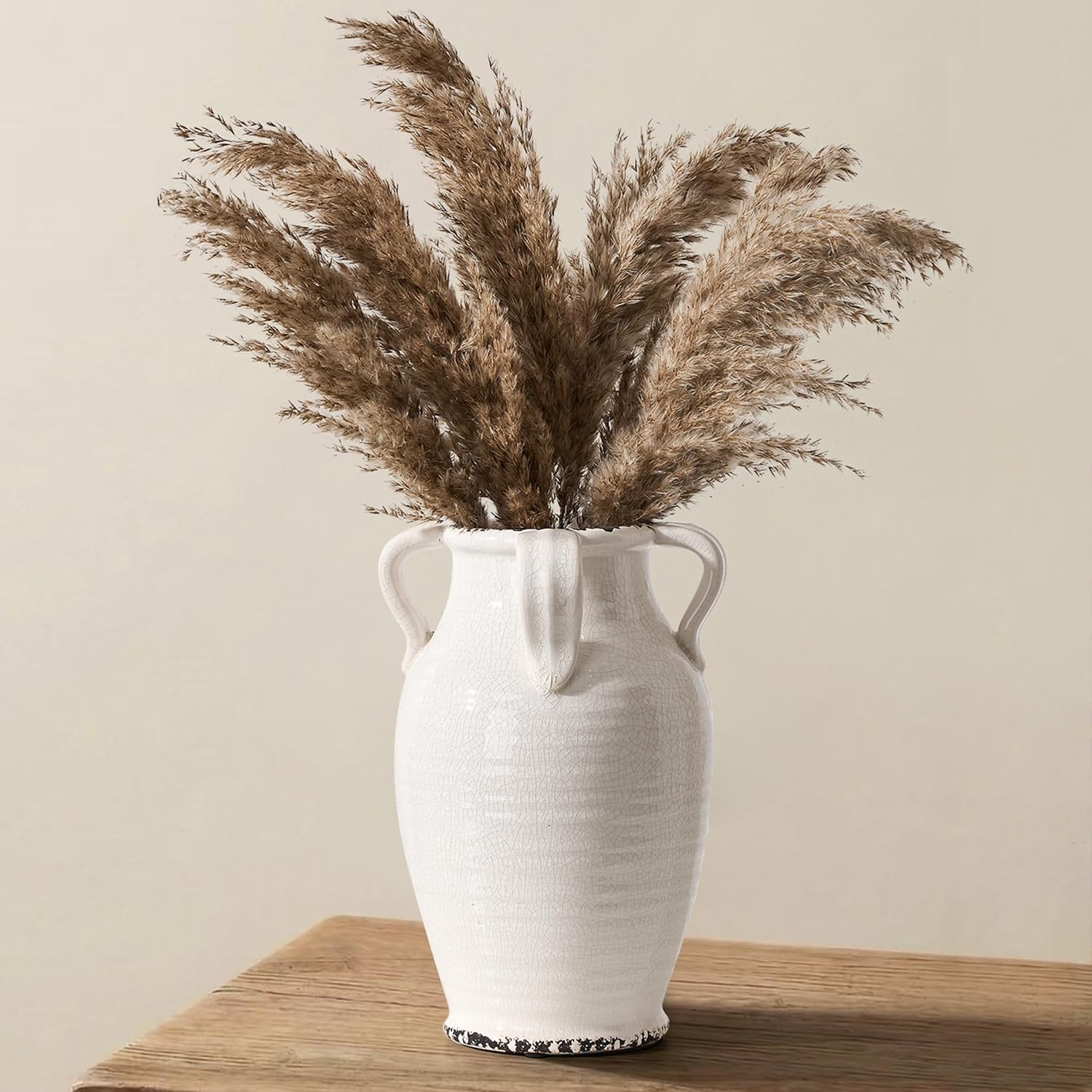 Vaseking White Ceramic Vase with 4 Handles, 10.16" Tall Retro Ice Cracked Flower Vase, Antique Vases for Modern Farmhouse Home Decor, Wedding, Living Room, Table, Shelf Decor, Cracked White