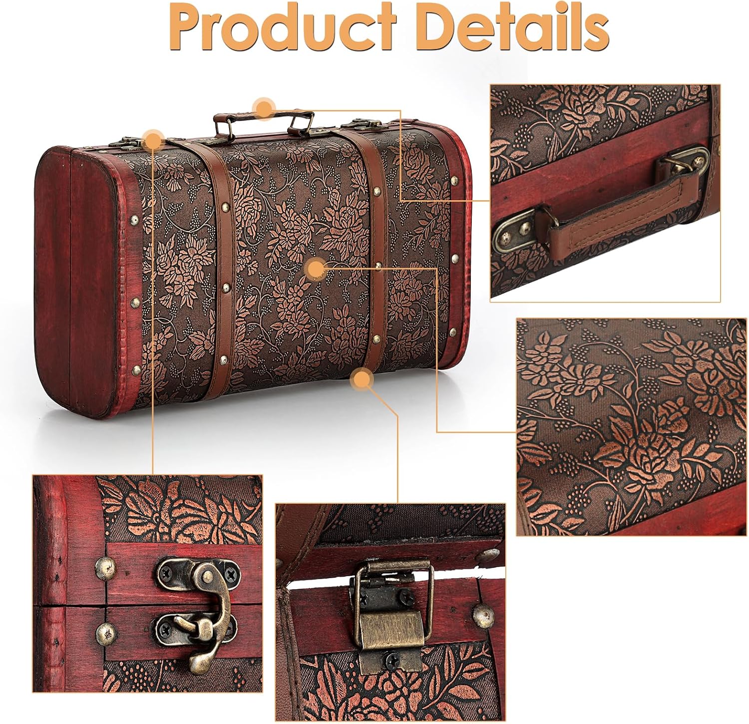 ELLDOO Vintage Wooden Storage Chest, Portable Decorative Luggage Suitcase With Grape Pattern, Pirate Treasure Keepsakes Box for Gifts, Decor and Travel
