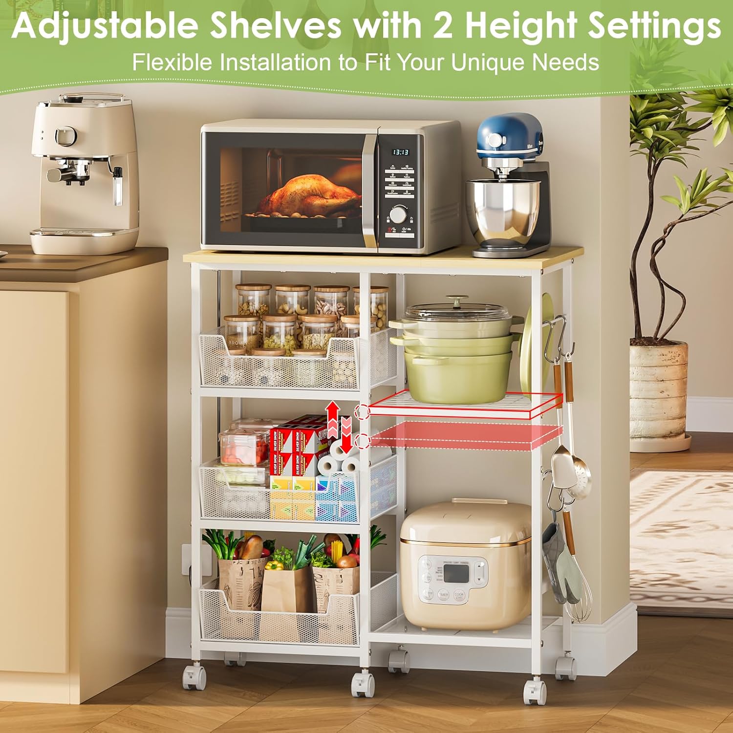 Rolling Kitchen Storage Microwave Cart & Kitchen Island on Wheels, Adjustable Shelf, Lockable Wheels, 27.75" L × 15.35" W, Bakers Rack Microwave Stand with Tilt-Out Baskets, Kitchen, Coffee Bar, White