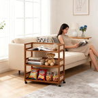 Rattan Side Table with Universal Wheels,Vintage Style Movable Coffee Table, Small Sofa End Table,for Living Room Kitchen Bar Bedroom Office Bathroom