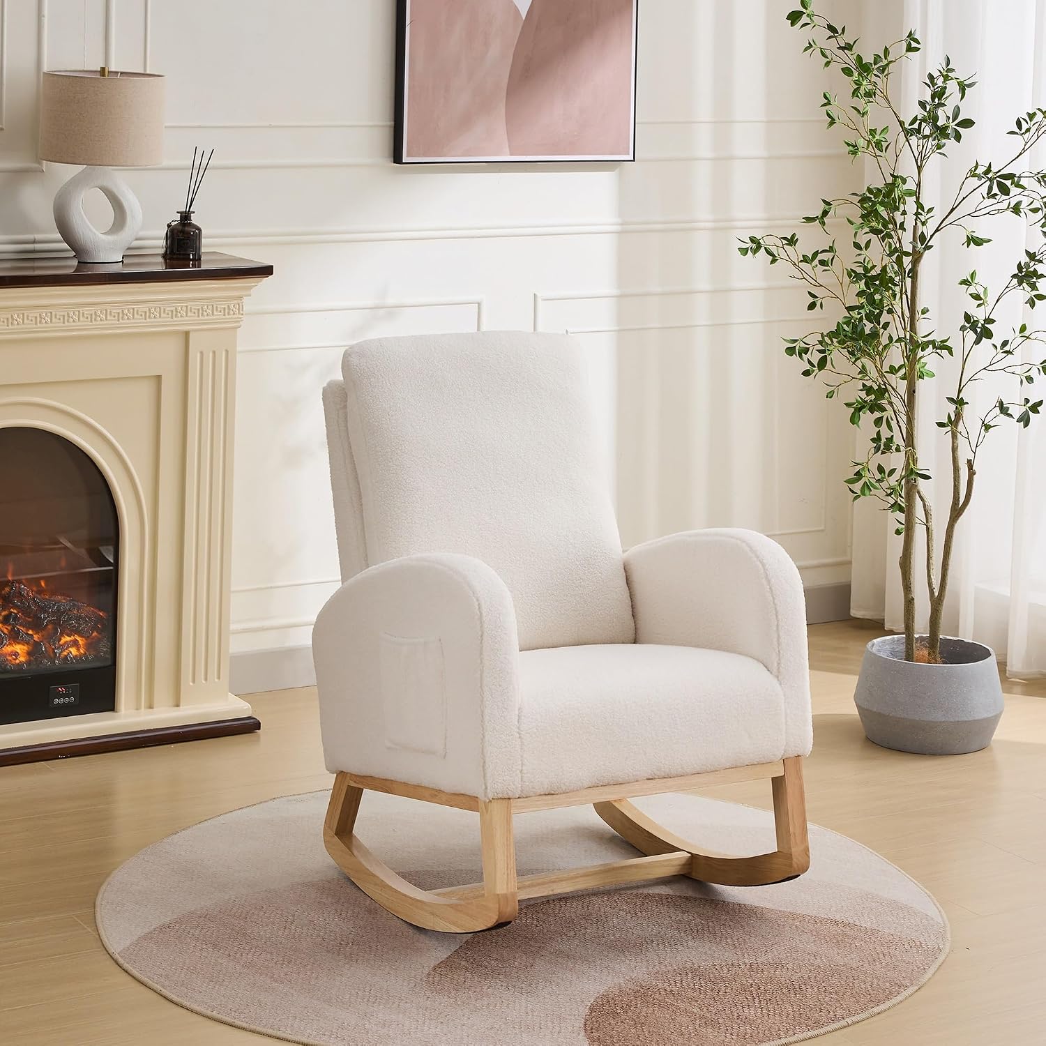 27.2" W Sherpa Glider Chair for Nursery – High Back Rocking Accent Armchair with Side Pockets & Rubber Wood Legs – Ivory Comfort Chair for Living Room, Bedroom