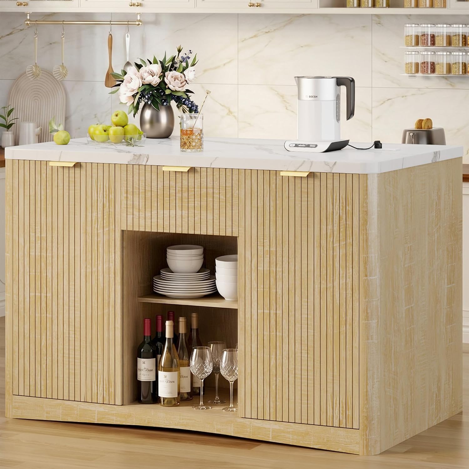 Kitchen Island Cart with Storage, 47.2"x31.5" Kitchen Island Marble Top Adjustable Shelf Rolling Storage Cart with Drawer Coffee Bar Cabinet with Power Outlet - Natural Wood