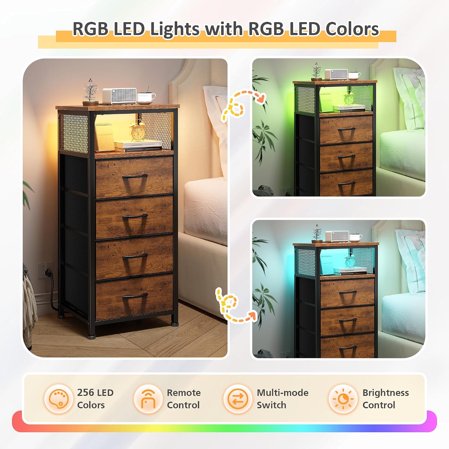 EnHomee LED Nightstand with Charging Station, Bedside Table with Fabric Drawers and Storage Shelf, Sturdy Steel Frame, Wood Top, Cloth Bags, Hooks, Brown