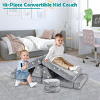 Kids Play Couch, 10Pcs Toddler Sofa,Modular Kids Couch for Playing, Creativing, Sleeping (Grey Stars)