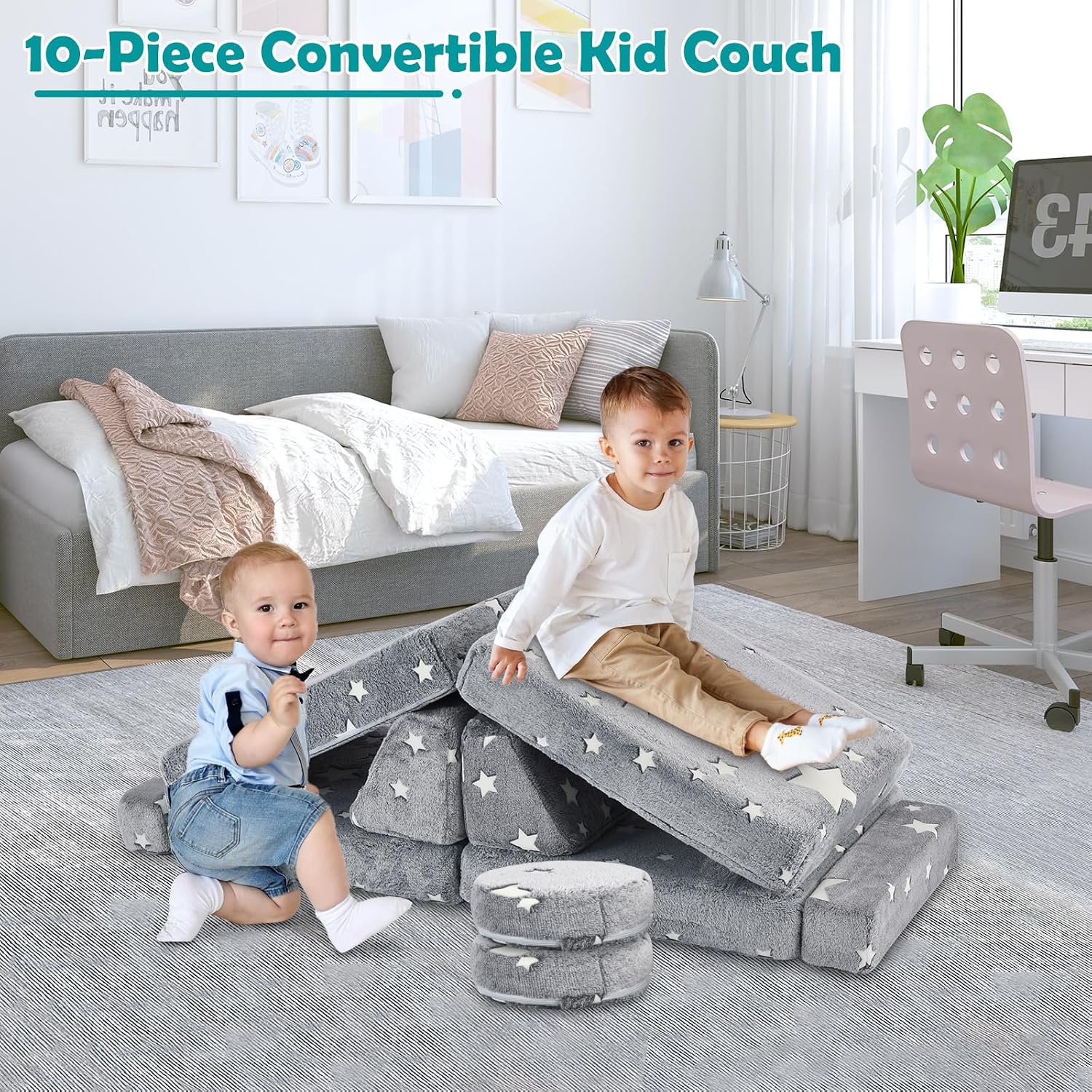 Kids Play Couch, 10Pcs Toddler Sofa,Modular Kids Couch for Playing, Creativing, Sleeping (Grey Stars)