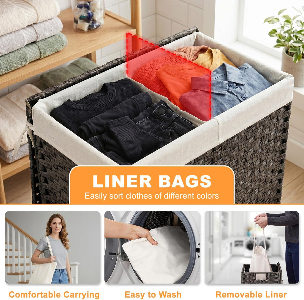 FDW Handwoven Laundry Hamper with Lid, 110L Foldable Rattan Clothes Basket with 2 Removable Liners & 6 Mesh Laundry Bags for Bathroom Bedroom, Grey