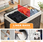 FDW Handwoven Laundry Hamper with Lid, 110L Foldable Rattan Clothes Basket with 2 Removable Liners & 6 Mesh Laundry Bags for Bathroom Bedroom, Grey