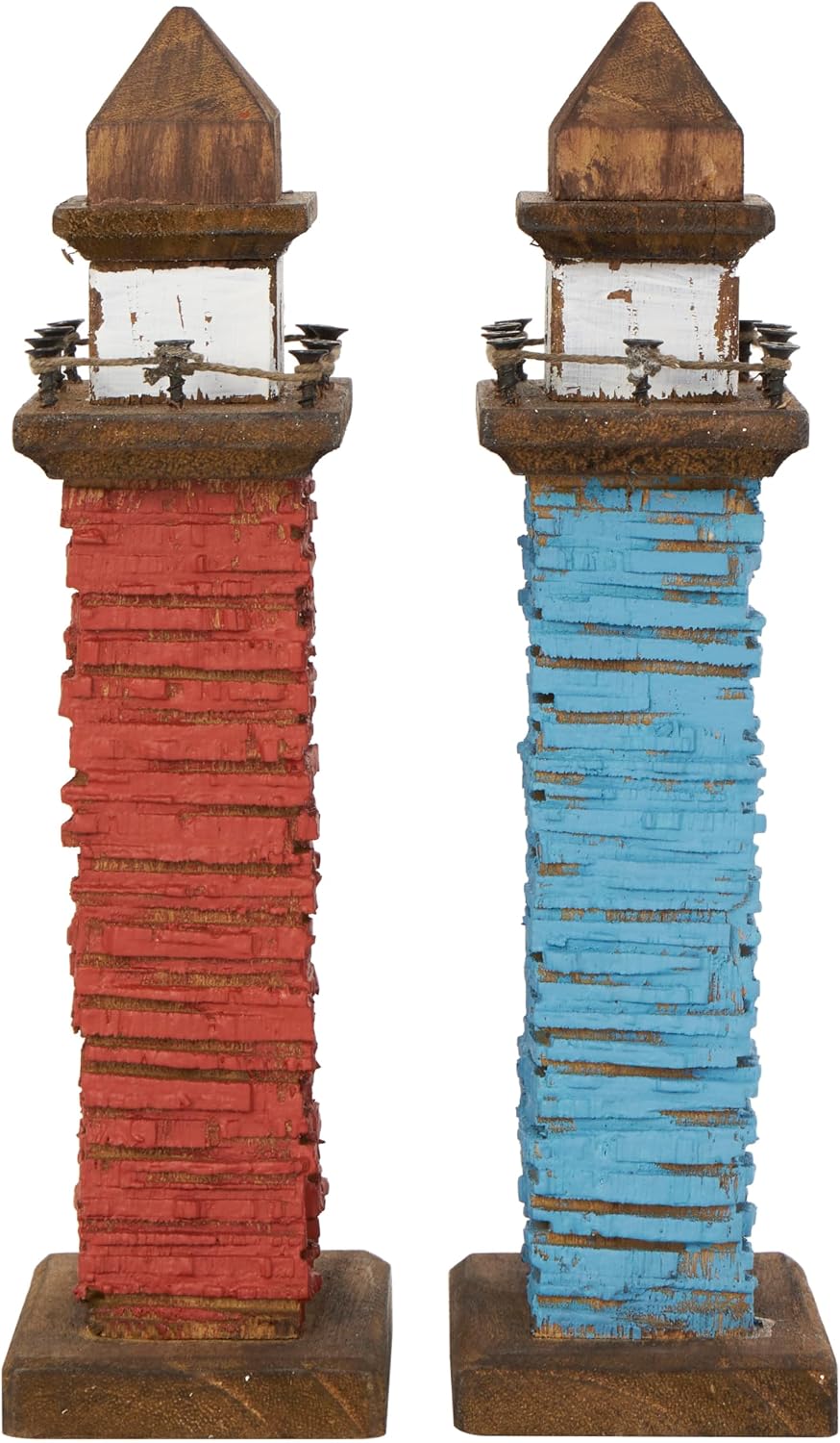 Deco 79 Wood Light House Decorative Sculpture Distressed Home Decor Statues with Blue and Brown Accents, Set of 2 Accent Figurines 5" W, 10" H, Red