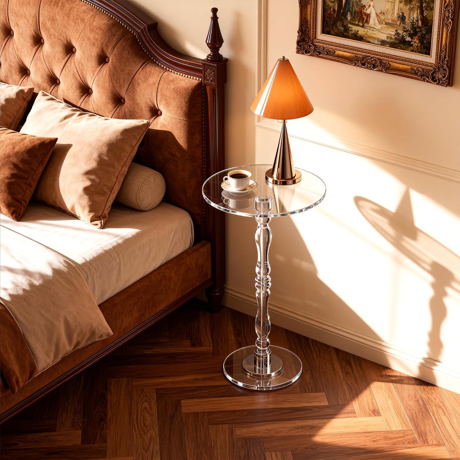 Acrylic Side Table, Classic Roman Column Pedestal End Table for Living Room, Bedroom,Balcony，Easy Assembly (Clear, Large)