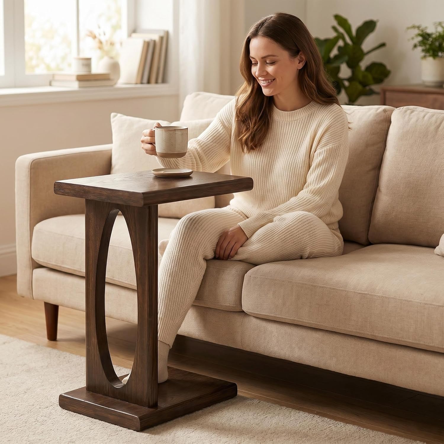 COZAYH Rustic C Shaped Side Table, Small Snack Sofa Side Table with Wood Frame for Living Room, Bedroom, Easy Assembly, Warm Brown Wood Color