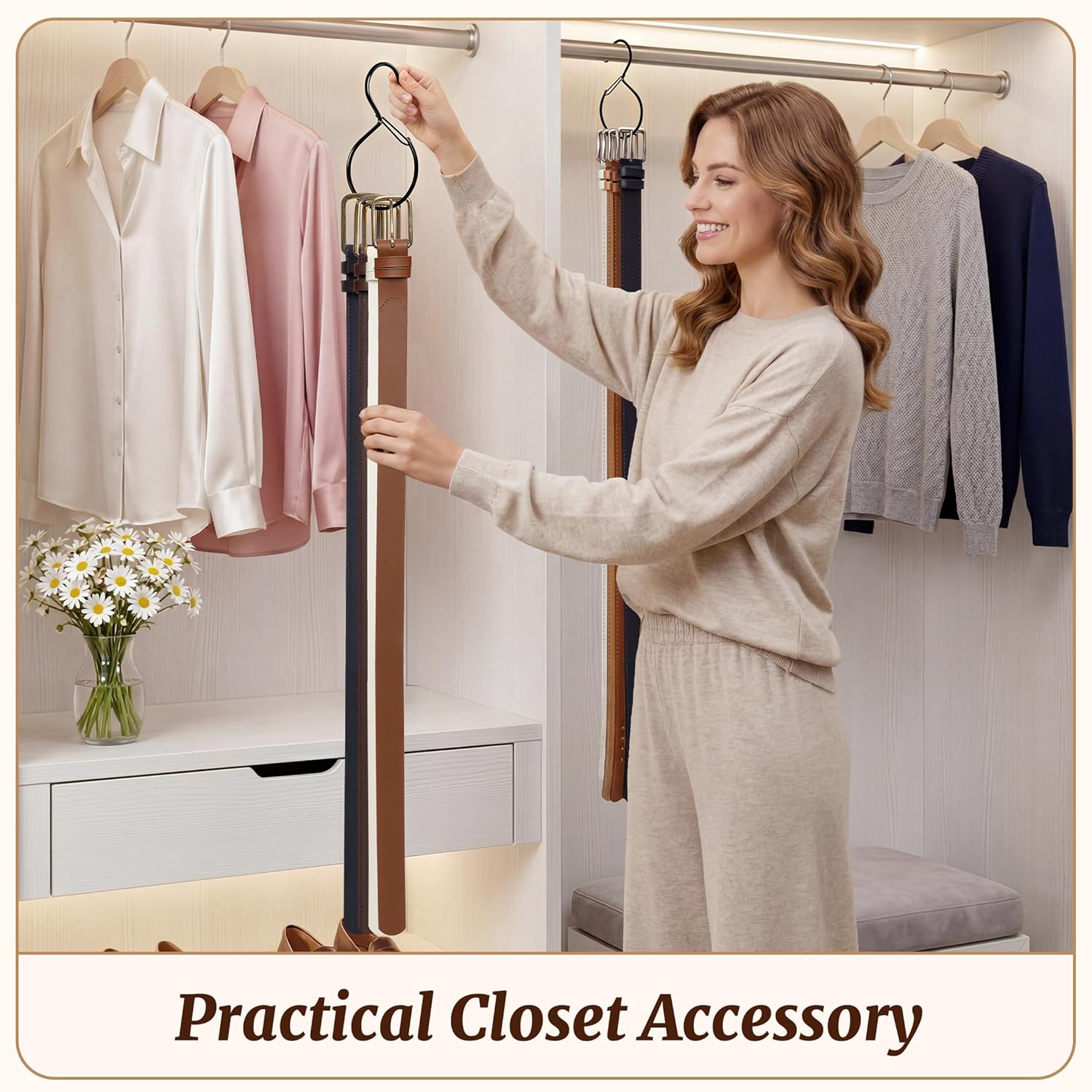 MEILIDY Belt Hanger, Compact Metal Belt Rack with Hooks Safety Buckle for Closet, Black, 2 Pcs