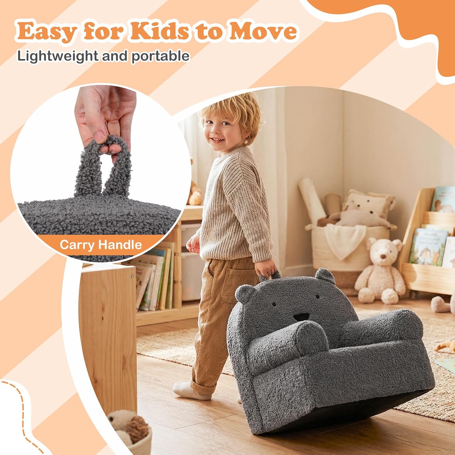 Costzon Kids Sofa, Comfy Bear Toddler Foam Couch with Soft Fleece Fabric Cover, Kids Furniture for Playroom, Children Reading Armchair for Boys & Girls Aged 3+ (["Teddy Fleece],Grey)