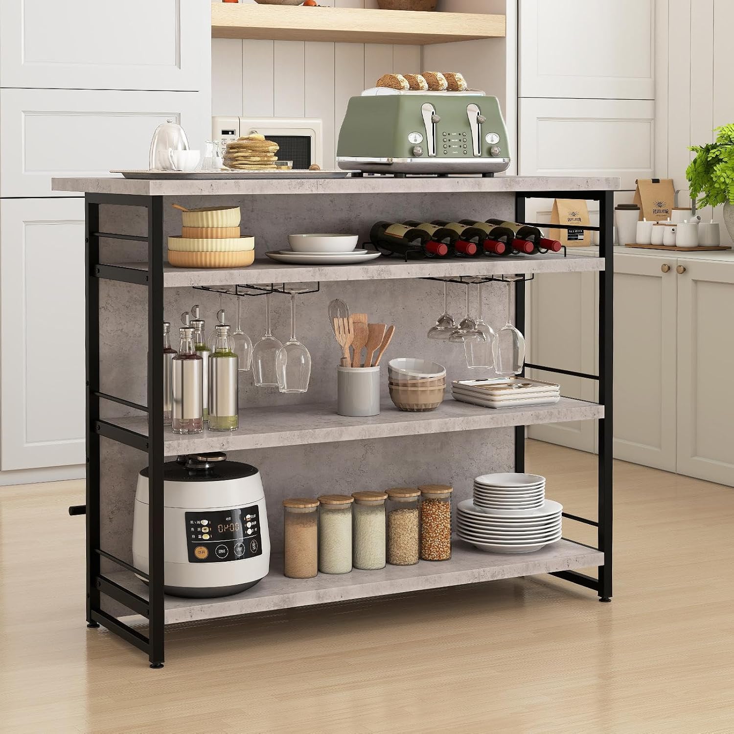 TANGZON 2 in 1 Kitchen Island, Industrial 4-Tier Bar Table with Storage Shelves, Wine Rack, Glass Holders & Footrests, Metal Frame Counter Home Bar Unit Wine Cabinet (Grey)