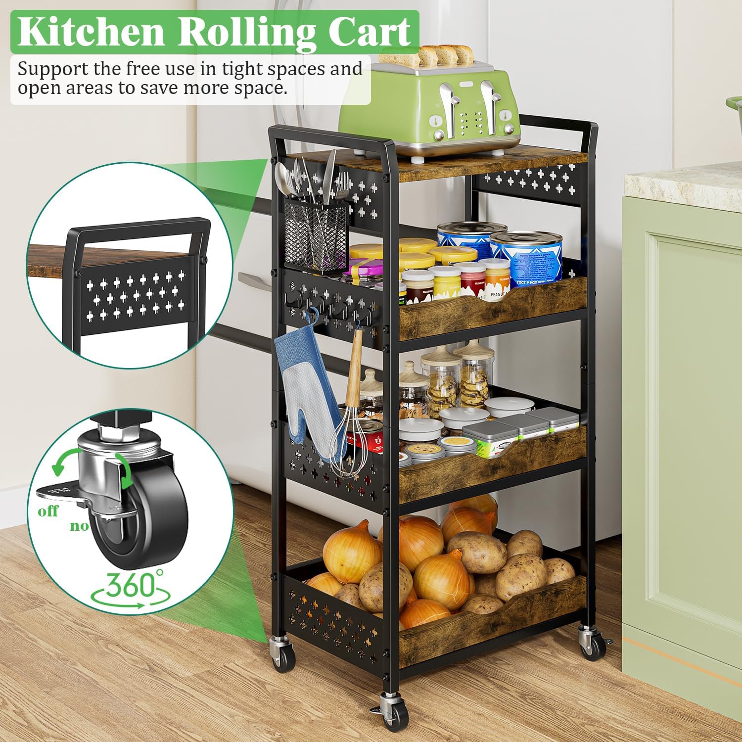 4 Tier Rolling Storage Utility Snack Cart on Wheels | durable metal and wood frame, suitable for kitchen bathroom pantry vanity bedroom living room dorm, no shake, move smoothly