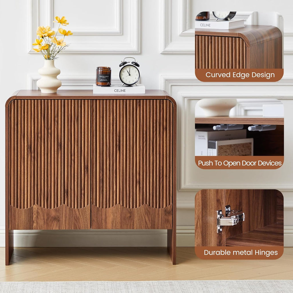FurSch Fluted Sideboard Buffet Cabinet, Mid Century Modern Storage Cabinet with Curved Edge and Adjustable Shelf for Kitchen Dining Room Living Room (Walnut-Wave, 2 Doors*1 pc)