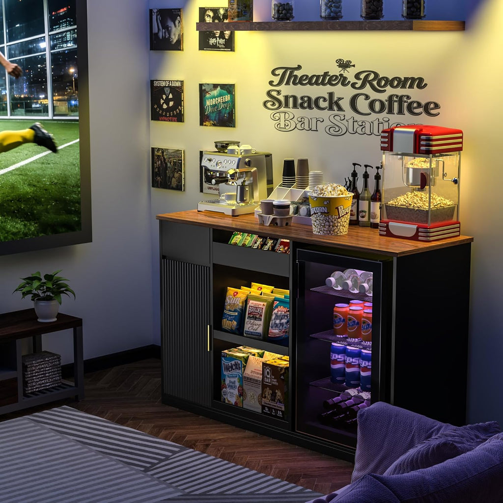 GDLF Snack Bar Cabinet with Fridge Space, Snack Organizer with Storage and Candy Display Shelf, Coffee Station for Home Theater or Game Room, 51.2" L，Black