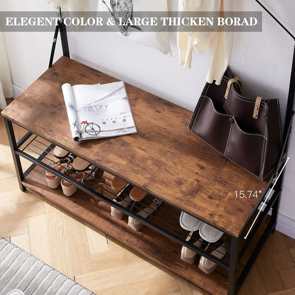 3-in-1 Entryway Coat Rack,Vintage Industrial Hall Tree 72 Inch with Storage Bench and Coat Racks Entryway Storage Shelf Organizer with 9 Hooks， Large Size, Wood Look Accent Furniture with Metal Frame