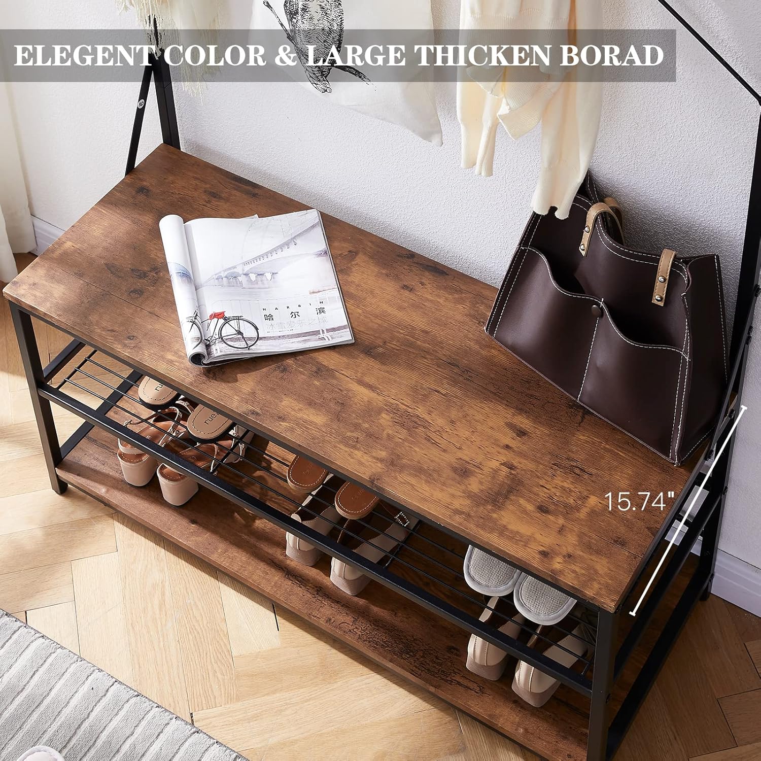 3-in-1 Entryway Coat Rack,Vintage Industrial Hall Tree 72 Inch with Storage Bench and Coat Racks Entryway Storage Shelf Organizer with 9 Hooks， Large Size, Wood Look Accent Furniture with Metal Frame
