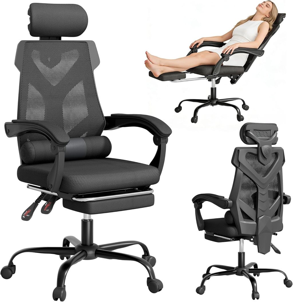 Mr IRONSTONE Mesh Office Chair with Footrest, High Back Reclining Desk Chair with Adjustable Headrest, Comfortable Task Chair for Home Office, Black