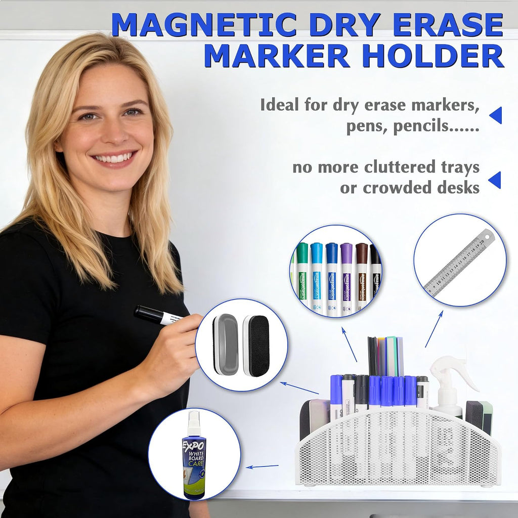 Magnetic Dry Erase Marker Holder for Whiteboard, 10 inch Large Capacity Whiteboard Marker and Spray Holder, 5 Slots Magnetic Fridge Organizer for Office, Classroom, Home (White)