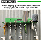 LAUCO Omni Tool Wall Mounted Paint Spray Gun Holder Holds 7 Guns without Cups or 4 with Cups, Heavy Duty Screw Mount Rack, Stable Scratch-Free Design, Green, 1 Pack