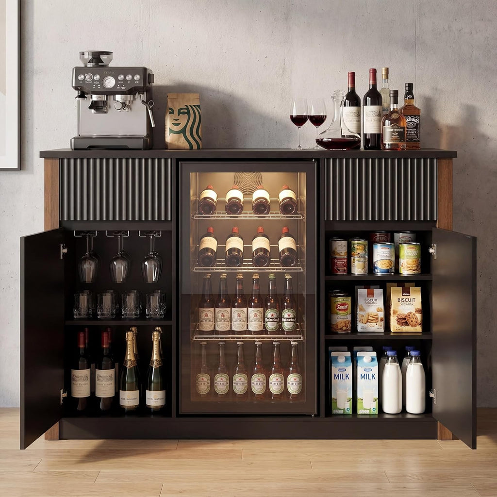55.1" Coffee Bar Cabinet with Mini Fridge Space and Power Outlet, Modern Wine Bar Cabinet with Storage & Wine Rack, Large Buffet Sideboard Table for Kitchen, Dining Room, Living Room, Black